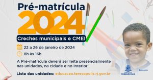 Leia mais sobre o artigo Pré-matrícula 2024 para creches municipais e CMEIs será de 22 a 26 de janeiro